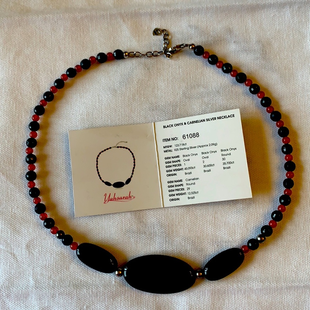 Genuine black onyx and red carnelian necklace. Set in 925 Sterling Silver.